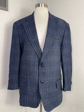 Classic Navy Windowpane Sport Coat - Two-Button Blazer. 56